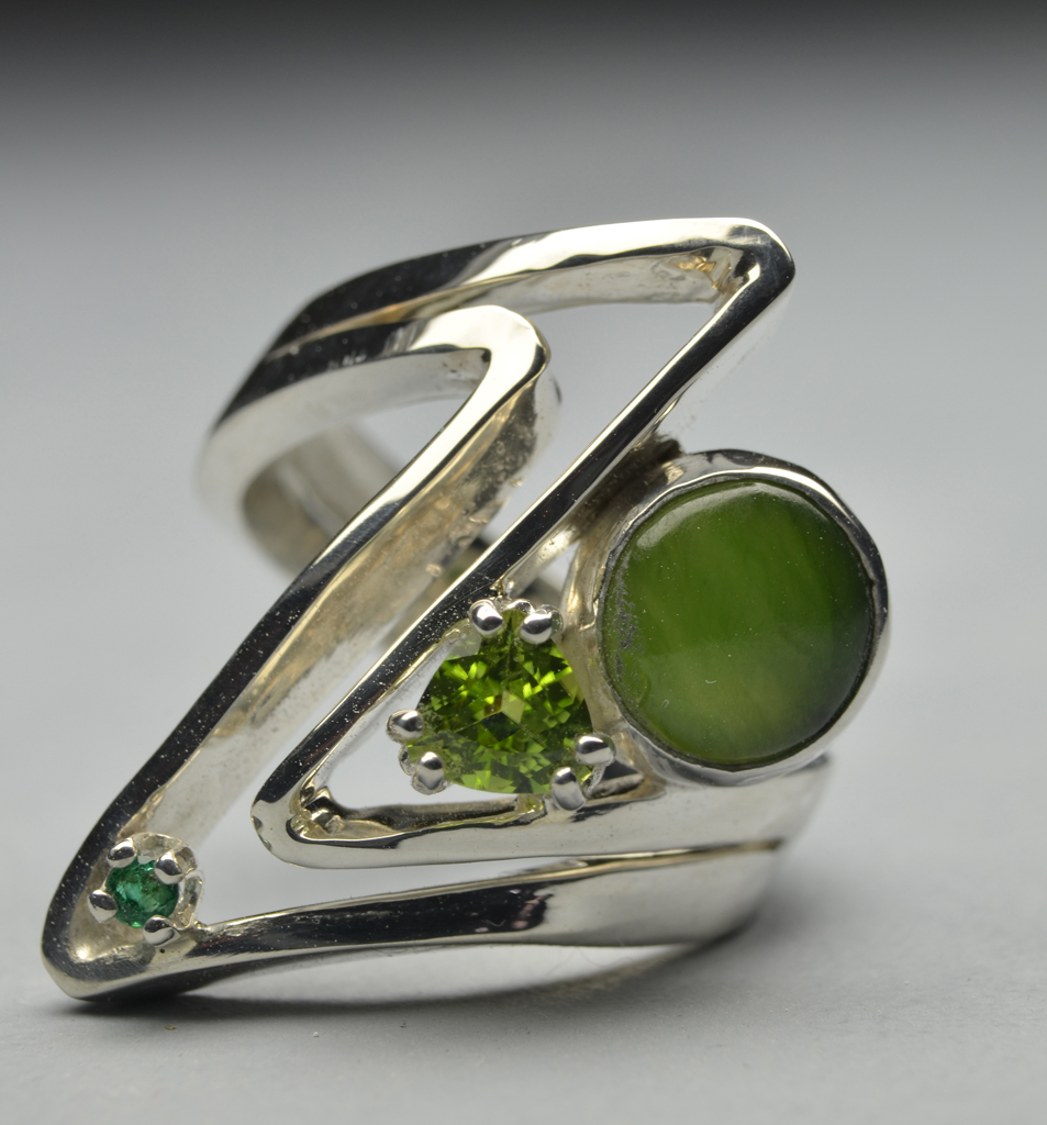 Web1 Sterling Silver Ring with Jade, Peridot, Emerald