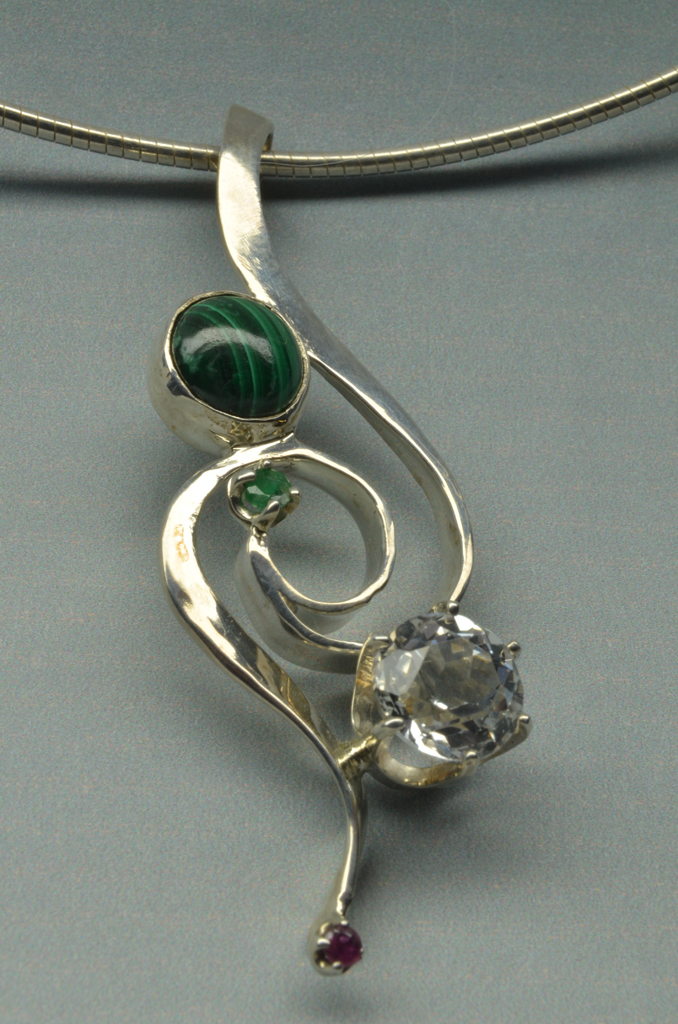 Sterling Silver Pendant with Malachite, Topaz, Emerald and Ruby
