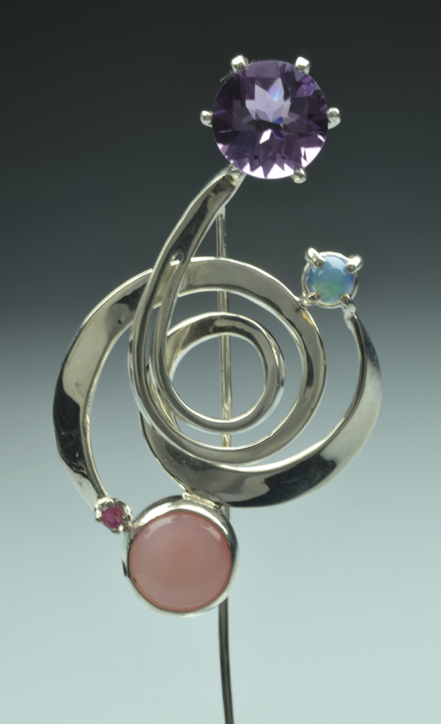 Sterling Silver Stickpin with Opals, Amethyst and Ruby